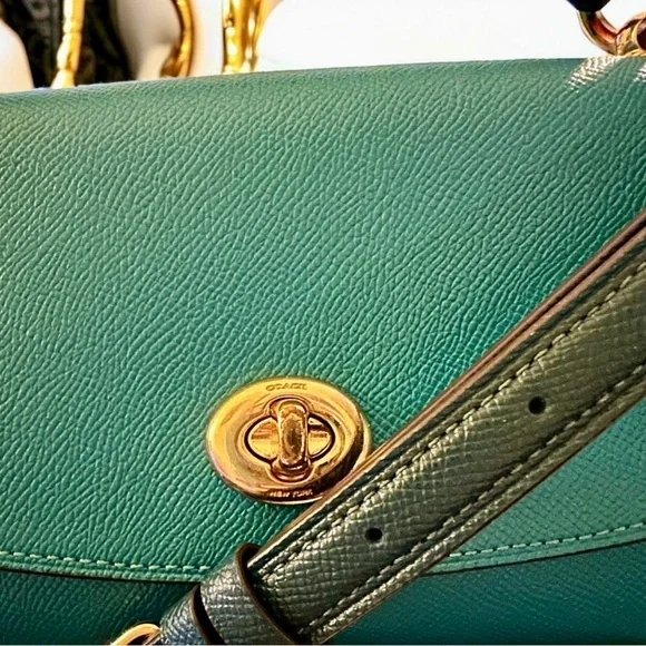 Rare! COACH Tilly Satchel 23 in Turquoise/Teal Colorblock - Picture 4 of 12
